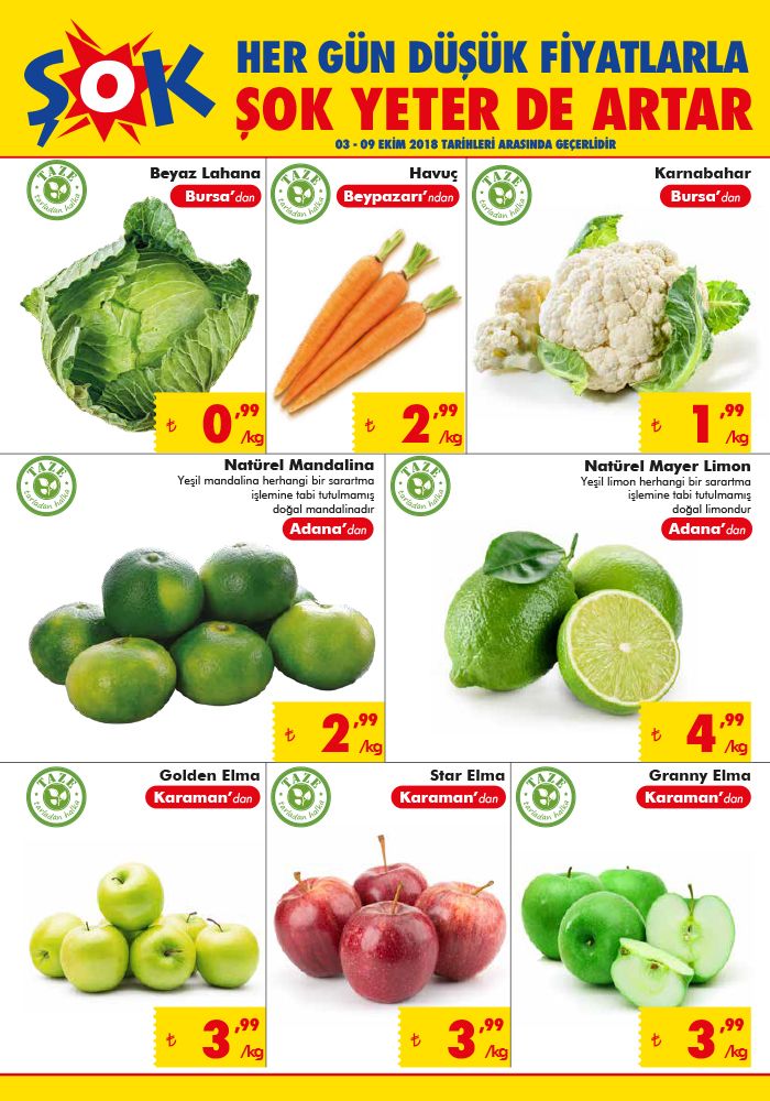 ŞOK Market 3 Ekim 2018 Broşürü - Sebze ve Meyve Fiyatları